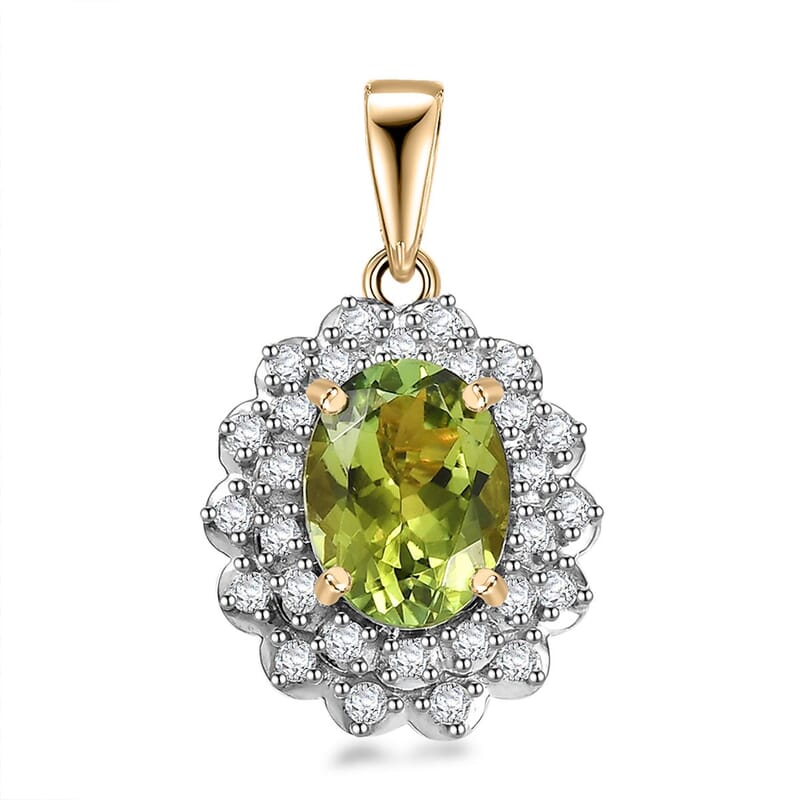 Certified & Appraised Luxoro AAA Natural Calabar Green Tourmaline and G-H I2 Diamond 1.41 ctw Pendant without Chain in 10K Yellow Gold