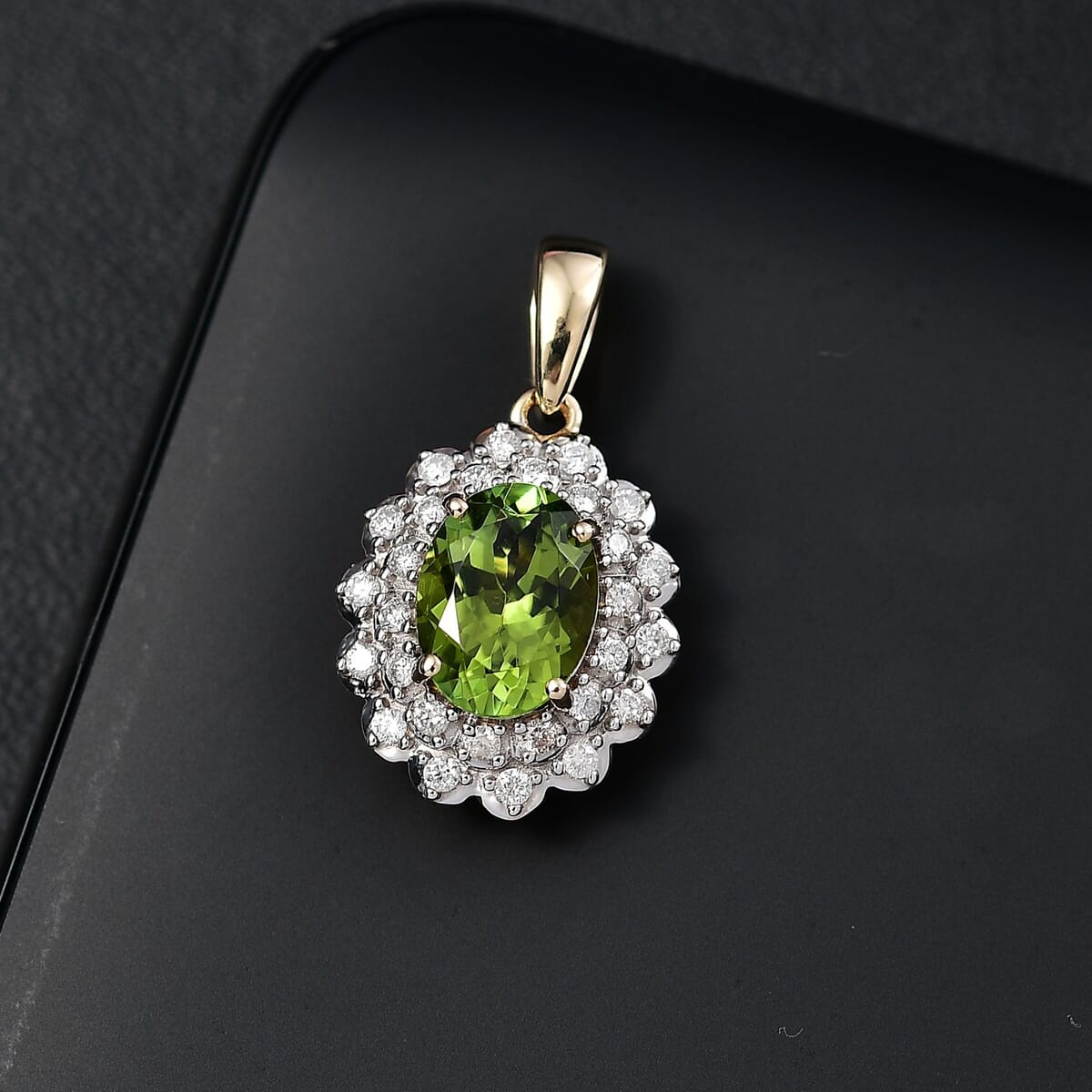 Certified & Appraised Luxoro AAA Natural Calabar Green Tourmaline and G-H I2 Diamond 1.41 ctw Pendant without Chain in 10K Yellow Gold image number 1