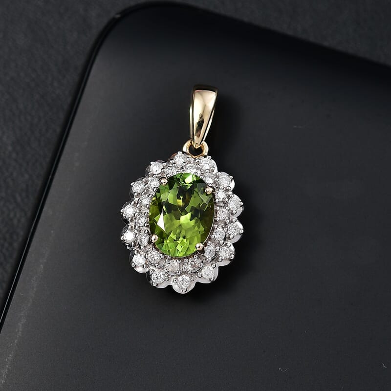 Certified & Appraised Luxoro AAA Natural Calabar Green Tourmaline and G-H I2 Diamond 1.41 ctw Pendant without Chain in 10K Yellow Gold