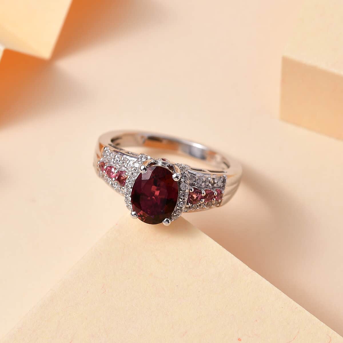 Premium Ouro Fino Rubellite and White Zircon 1.80 ctw Eternal Glow Ring in Rhodium Over Sterling Silver (Size 10.0) image number 1