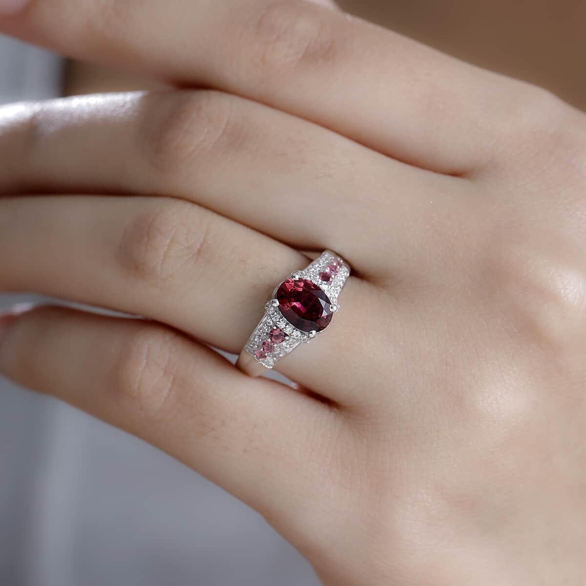 Premium Ouro Fino Rubellite and White Zircon 1.80 ctw Eternal Glow Ring in Rhodium Over Sterling Silver (Size 10.0) image number 2