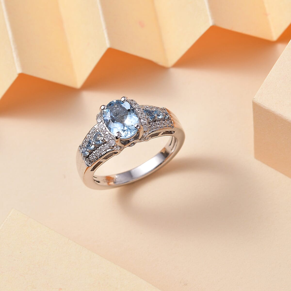 Premium Santa Maria Aquamarine and White Zircon 1.75 ctw Eternal Glow Ring in Rhodium Over Sterling Silver (Size 9.0) image number 1