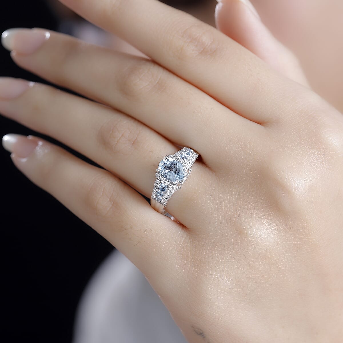 Premium Santa Maria Aquamarine and White Zircon 1.75 ctw Eternal Glow Ring in Rhodium Over Sterling Silver (Size 9.0) image number 2