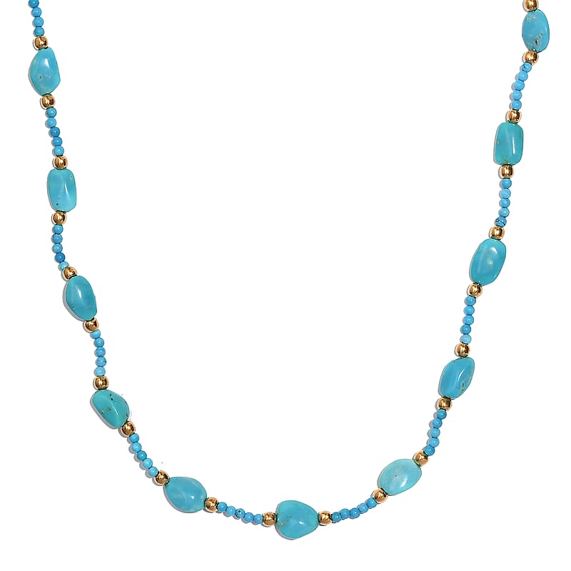 Sleeping Beauty Turquoise 33 ctw Tumble and Beaded Necklace in 14K Yellow Gold Over Sterling Silver 18 Inches