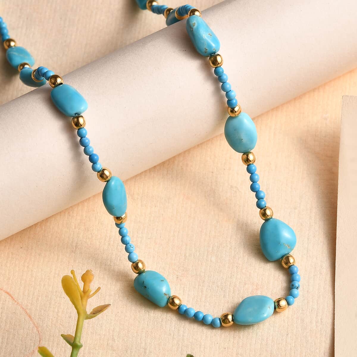 Sleeping Beauty Turquoise 33 ctw Tumble and Beaded Necklace in 14K Yellow Gold Over Sterling Silver 18 Inches image number 1