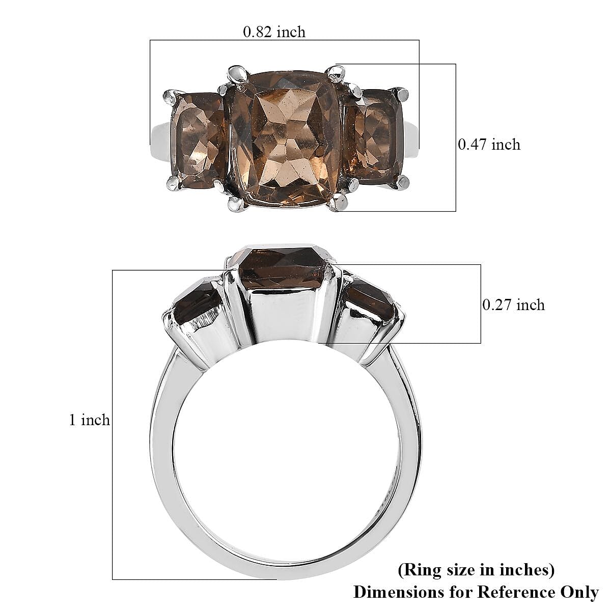 Brazilian Smoky Quartz 4.90 ctw 3 Stone Ring in Stainless Steel (Size 10.0)