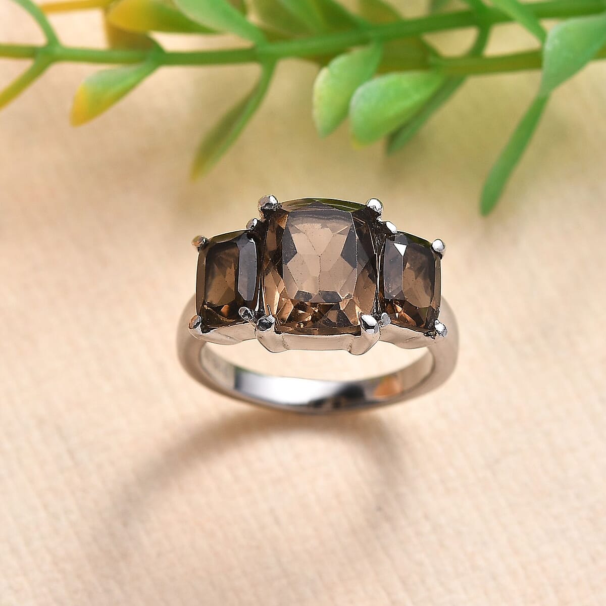 Brazilian Smoky Quartz 4.90 ctw 3 Stone Ring in Stainless Steel (Size 8.0) image number 1