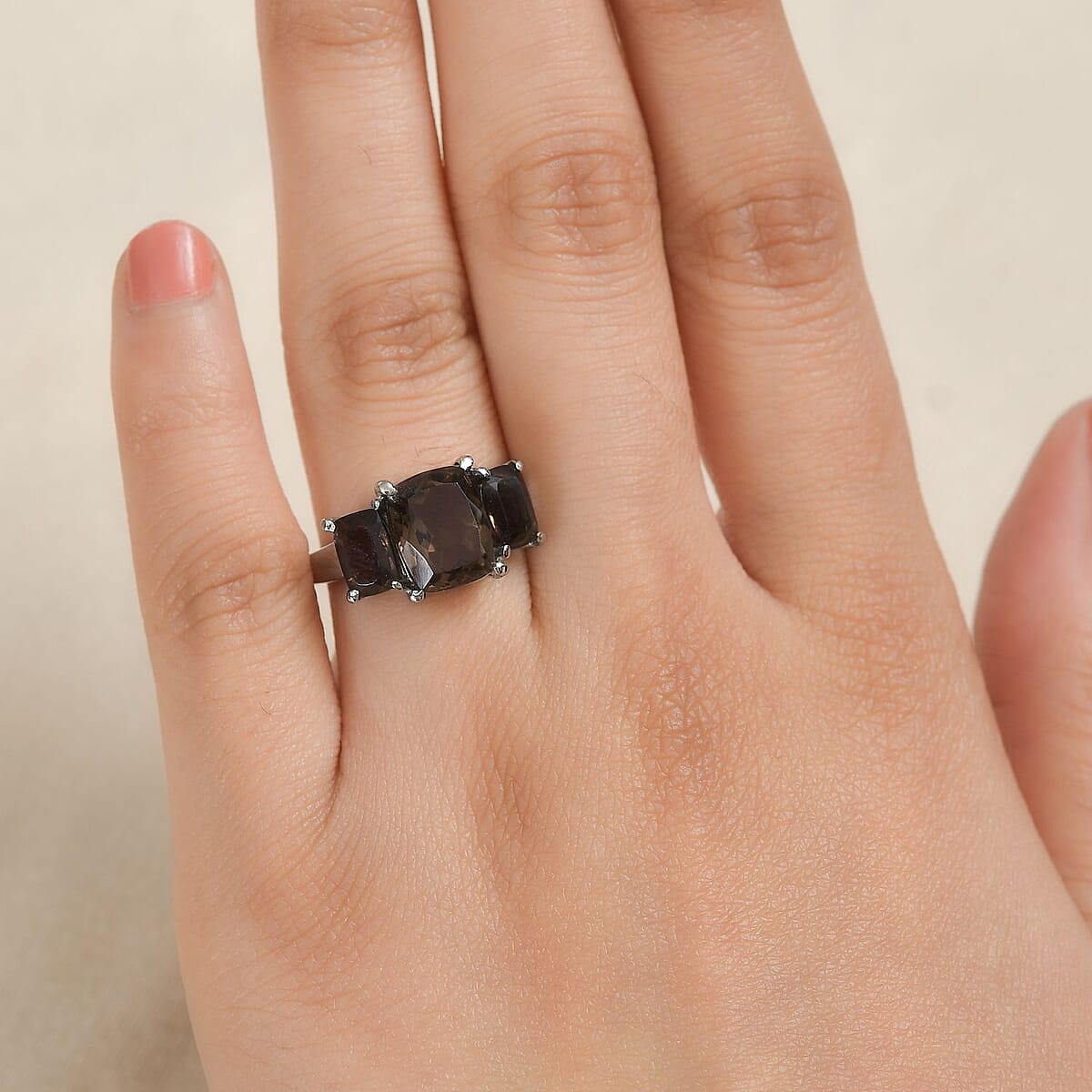 Brazilian Smoky Quartz 4.90 ctw 3 Stone Ring in Stainless Steel (Size 8.0) image number 2