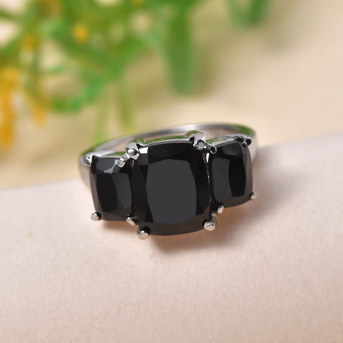 Thai Black Spinel 6.75 ctw 3 Stone Ring in Stainless Steel (Size 10.0) image number 1