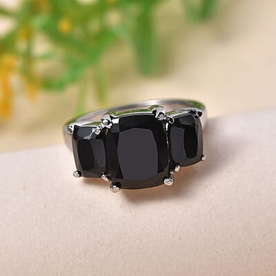 Thai Black Spinel 6.75 ctw 3 Stone Ring in Stainless Steel (Size 10.0)