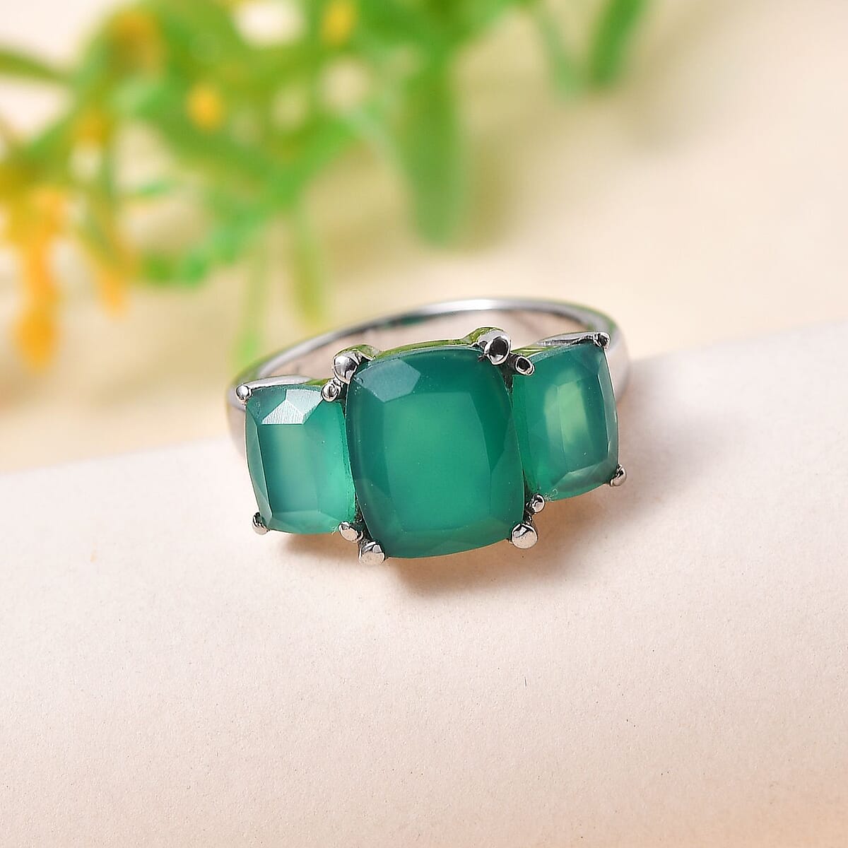 Green Onyx 4.65 ctw 3 Stone Ring in Stainless Steel (Size 10.0) image number 1