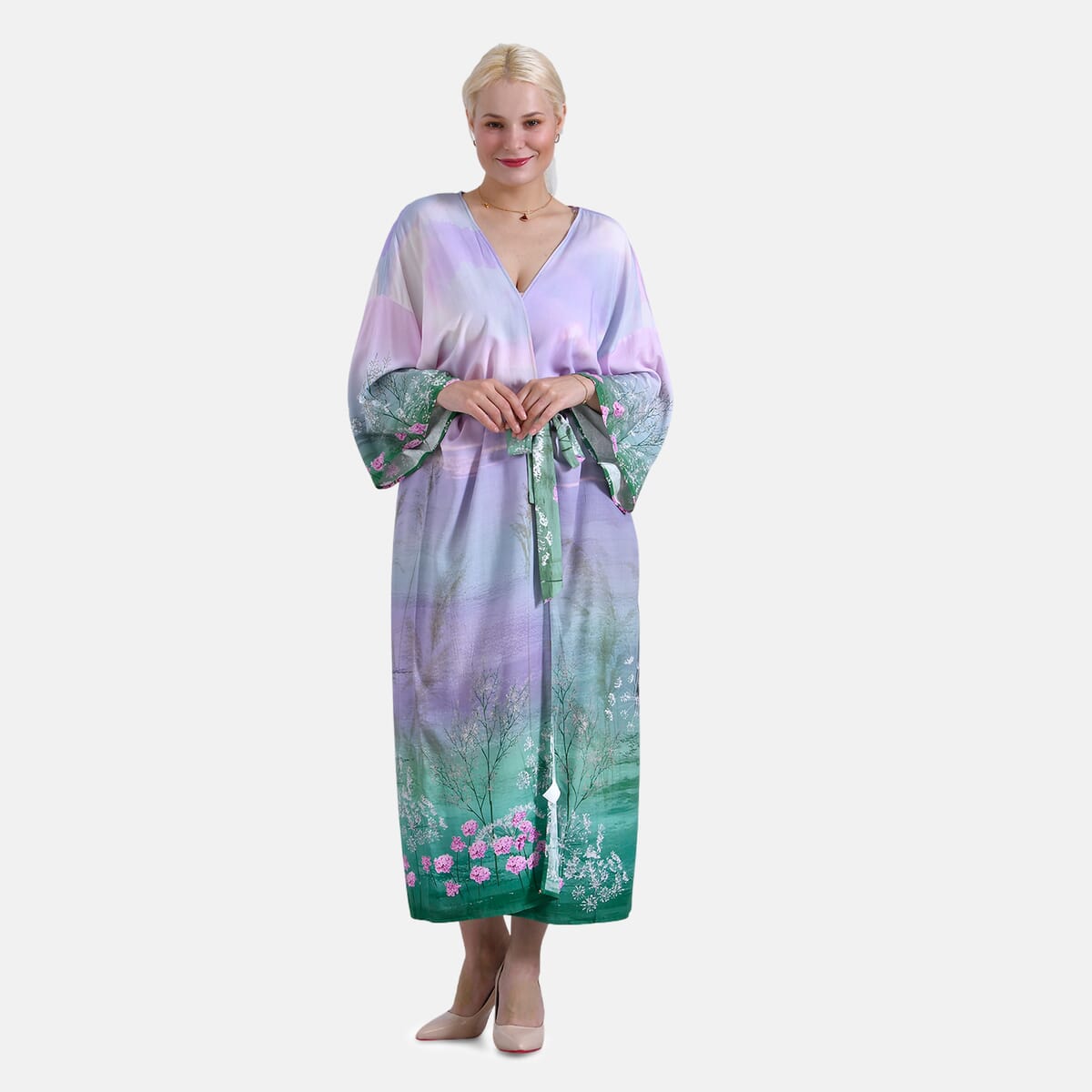Tamsy Lilac Crane Placement Print Bird Kimono - One Size Fits Most image number 0