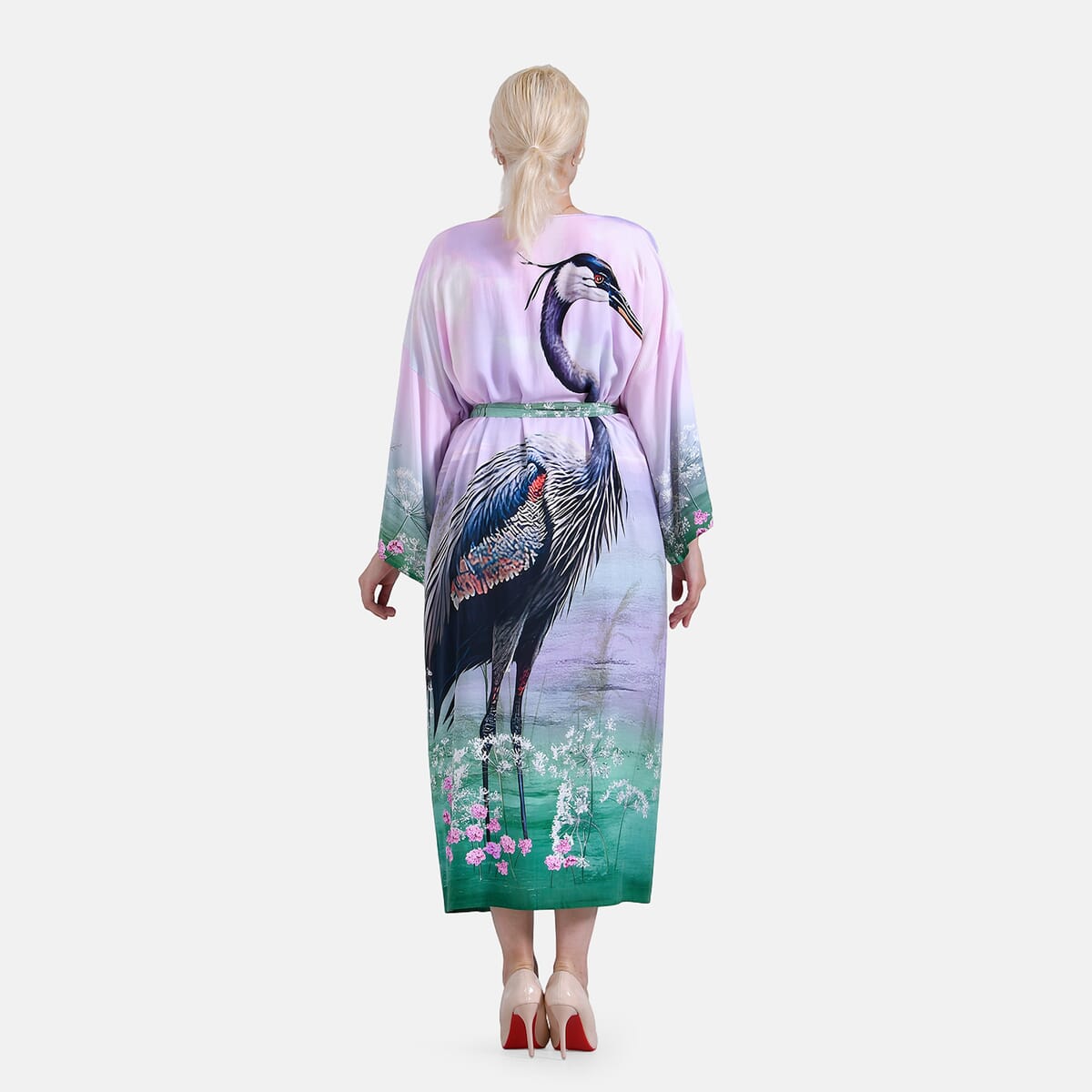 Tamsy Lilac Crane Placement Print Bird Kimono - One Size Fits Most image number 1