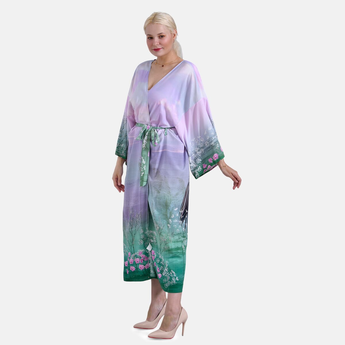 Tamsy Lilac Crane Placement Print Bird Kimono - One Size Fits Most image number 2