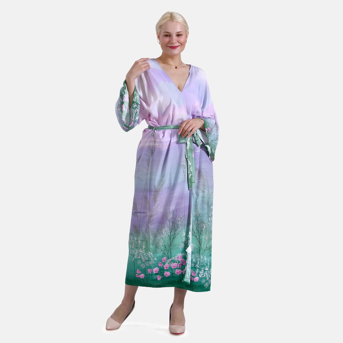 Tamsy Lilac Crane Placement Print Bird Kimono - One Size Fits Most image number 3