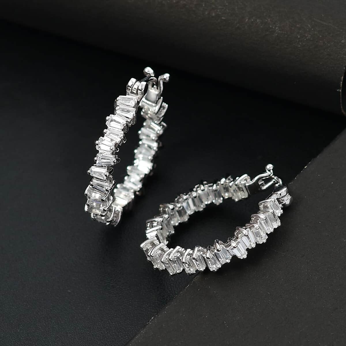 White Zircon 3.80 ctw Art Deco Hoop Earrings in Rhodium Over Sterling Silver image number 1