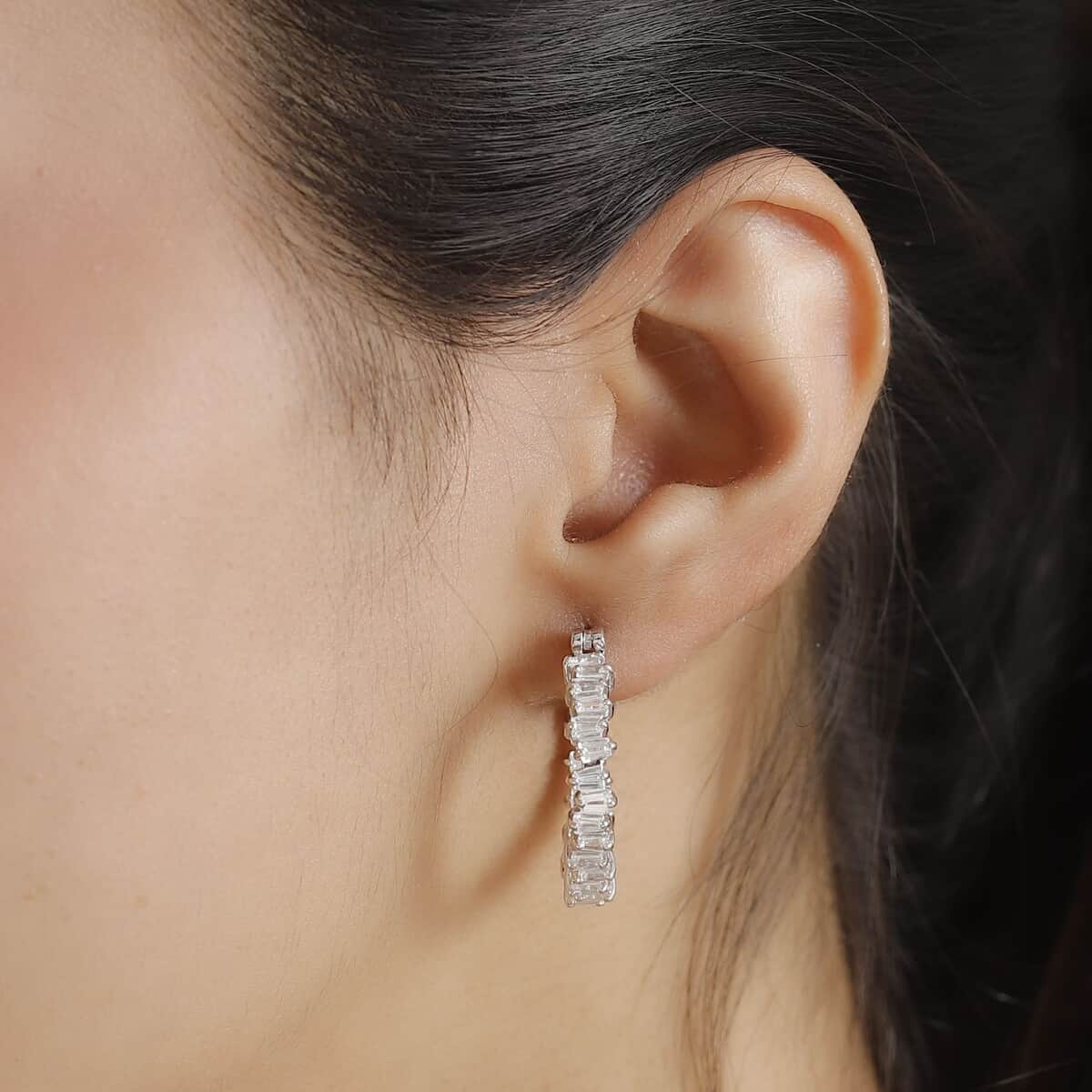 White Zircon 3.80 ctw Art Deco Hoop Earrings in Rhodium Over Sterling Silver image number 2