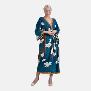 Tamsy Teal Chinese Heron Placement Print Bird Kimono - One Size Fits Most