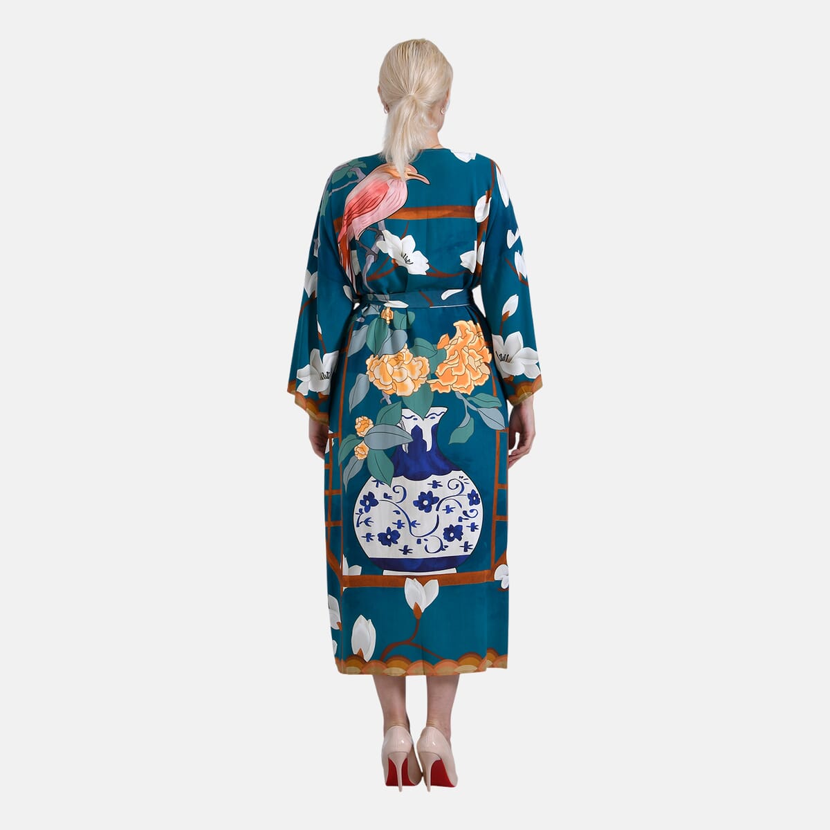 Tamsy Teal Chinese Heron Placement Print Bird Kimono - One Size Fits Most image number 1