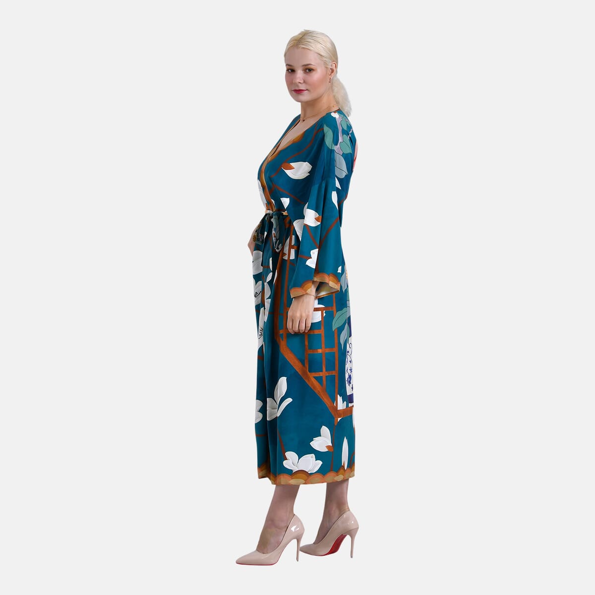 Tamsy Teal Chinese Heron Placement Print Bird Kimono - One Size Fits Most image number 2