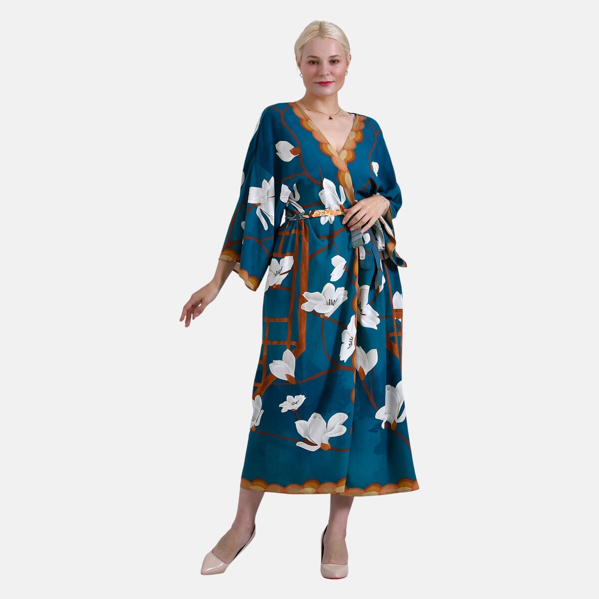 Tamsy Teal Chinese Heron Placement Print Bird Kimono - One Size Fits Most image number 3