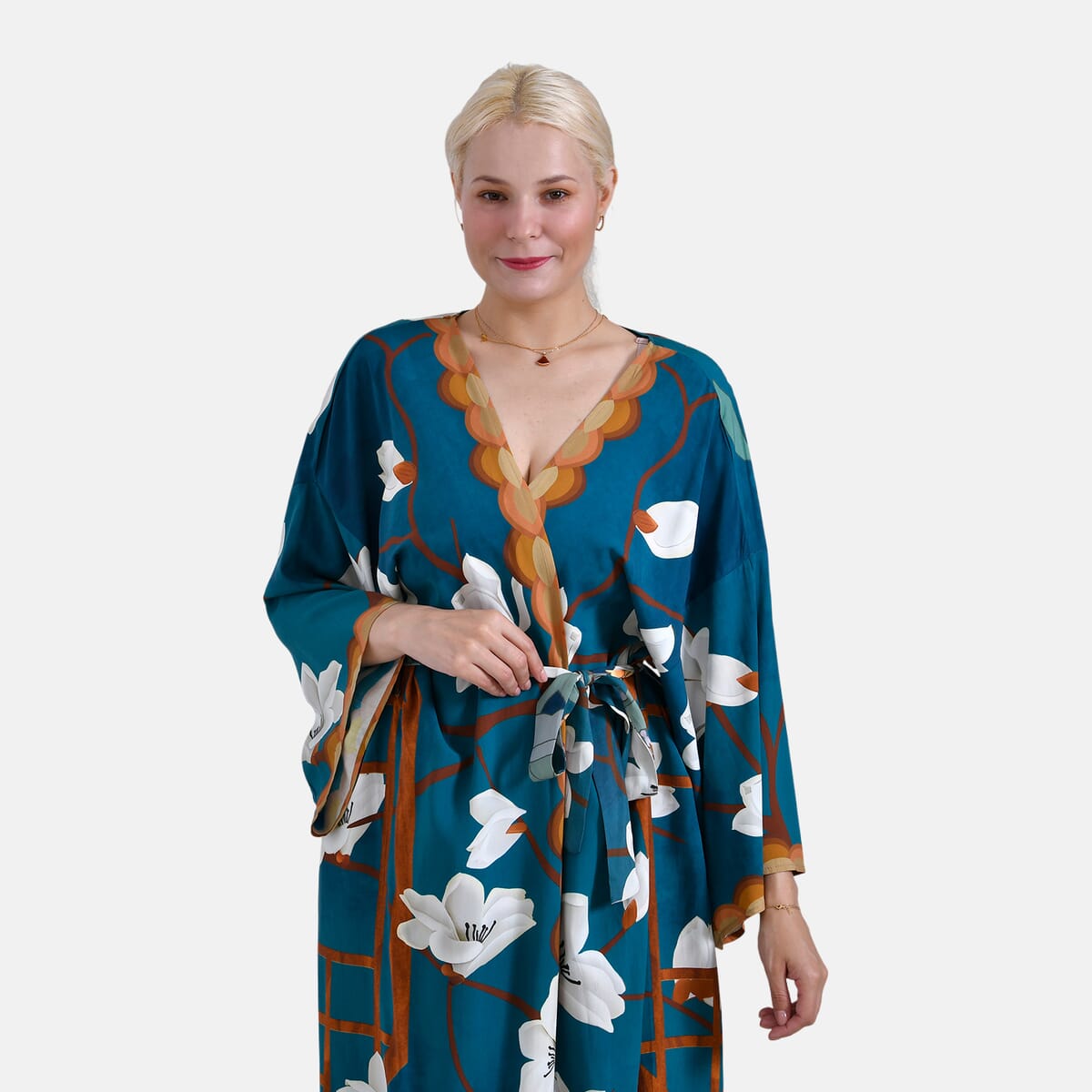 Tamsy Teal Chinese Heron Placement Print Bird Kimono - One Size Fits Most image number 4