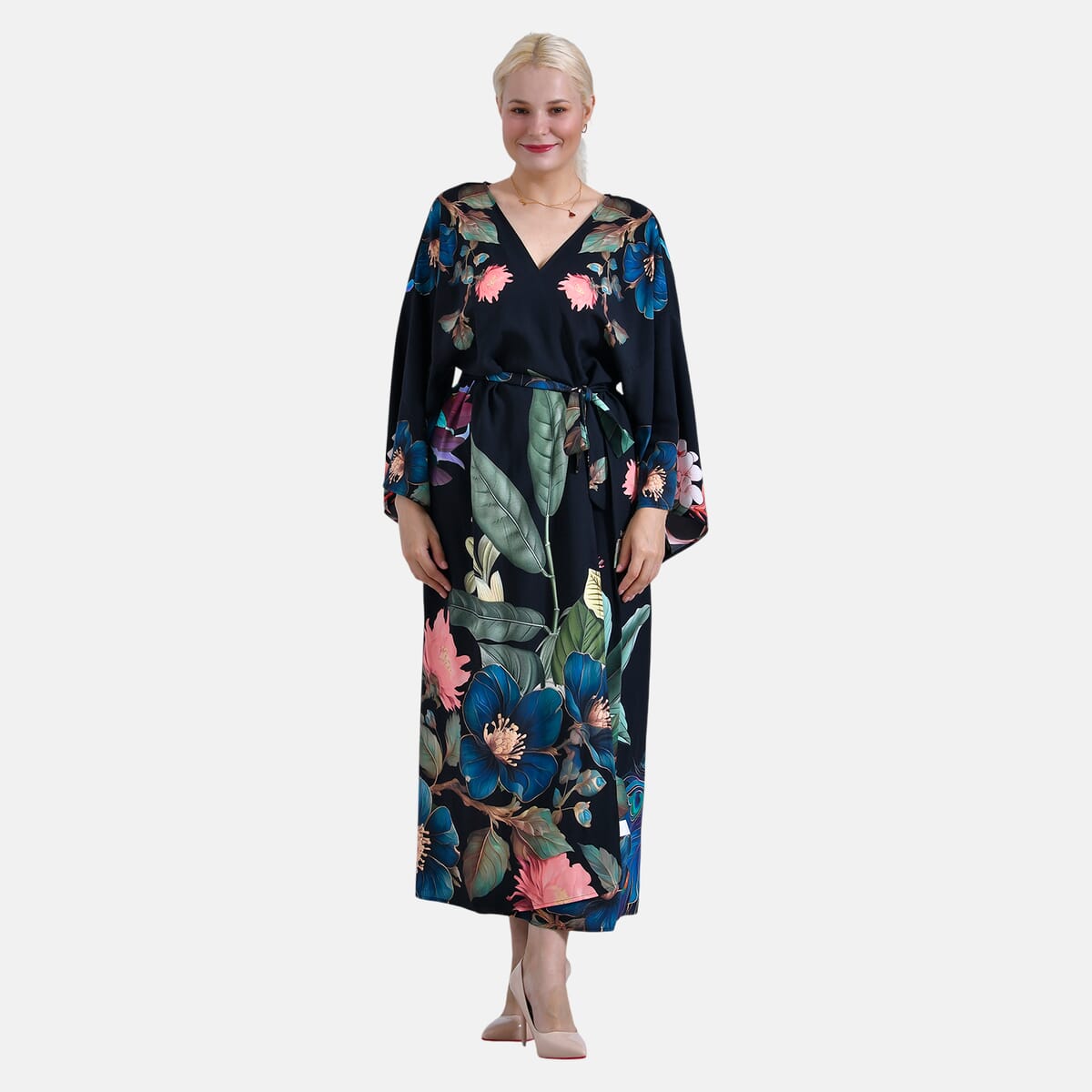 TLV Tamsy Black Peacock Placement Print Bird Kimono - One Size Fits Most image number 0