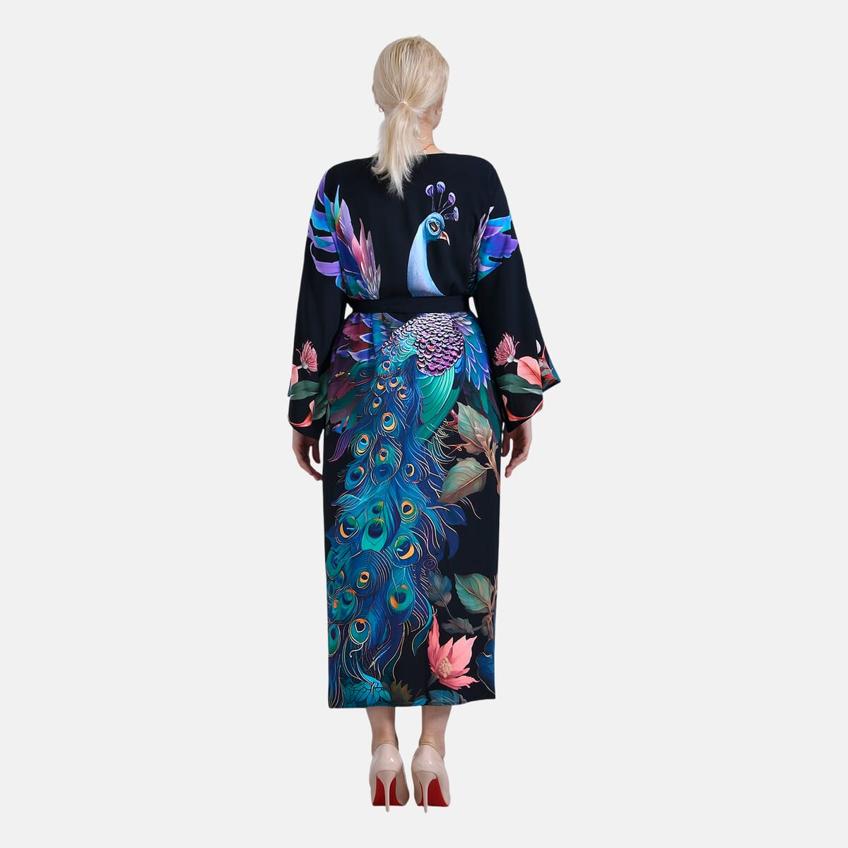 TLV Tamsy Black Peacock Placement Print Bird Kimono - One Size Fits Most image number 1