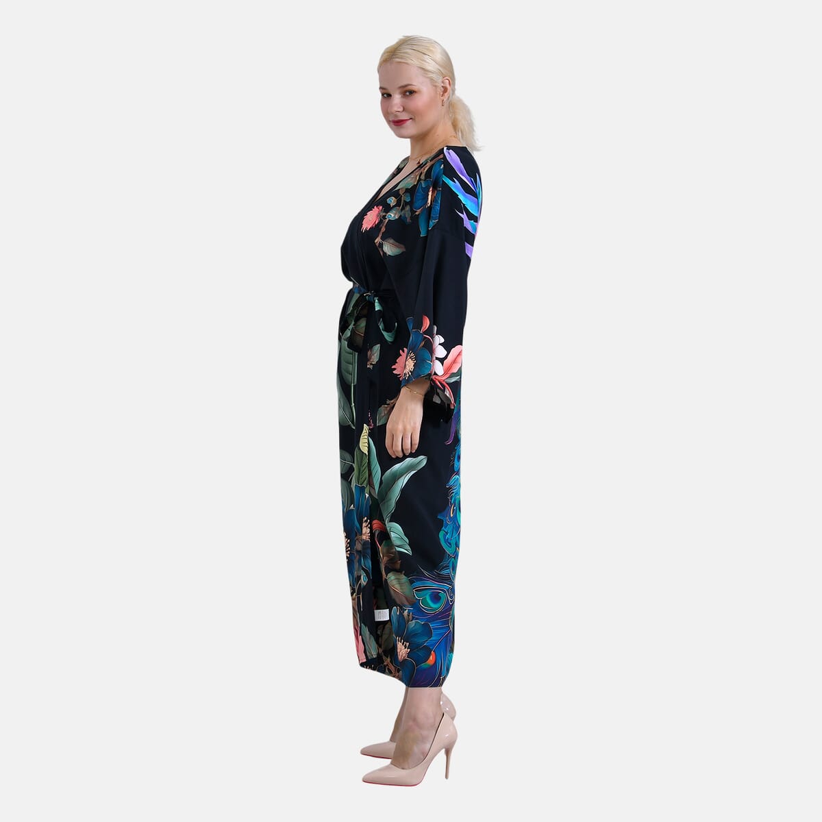 TLV Tamsy Black Peacock Placement Print Bird Kimono - One Size Fits Most image number 2