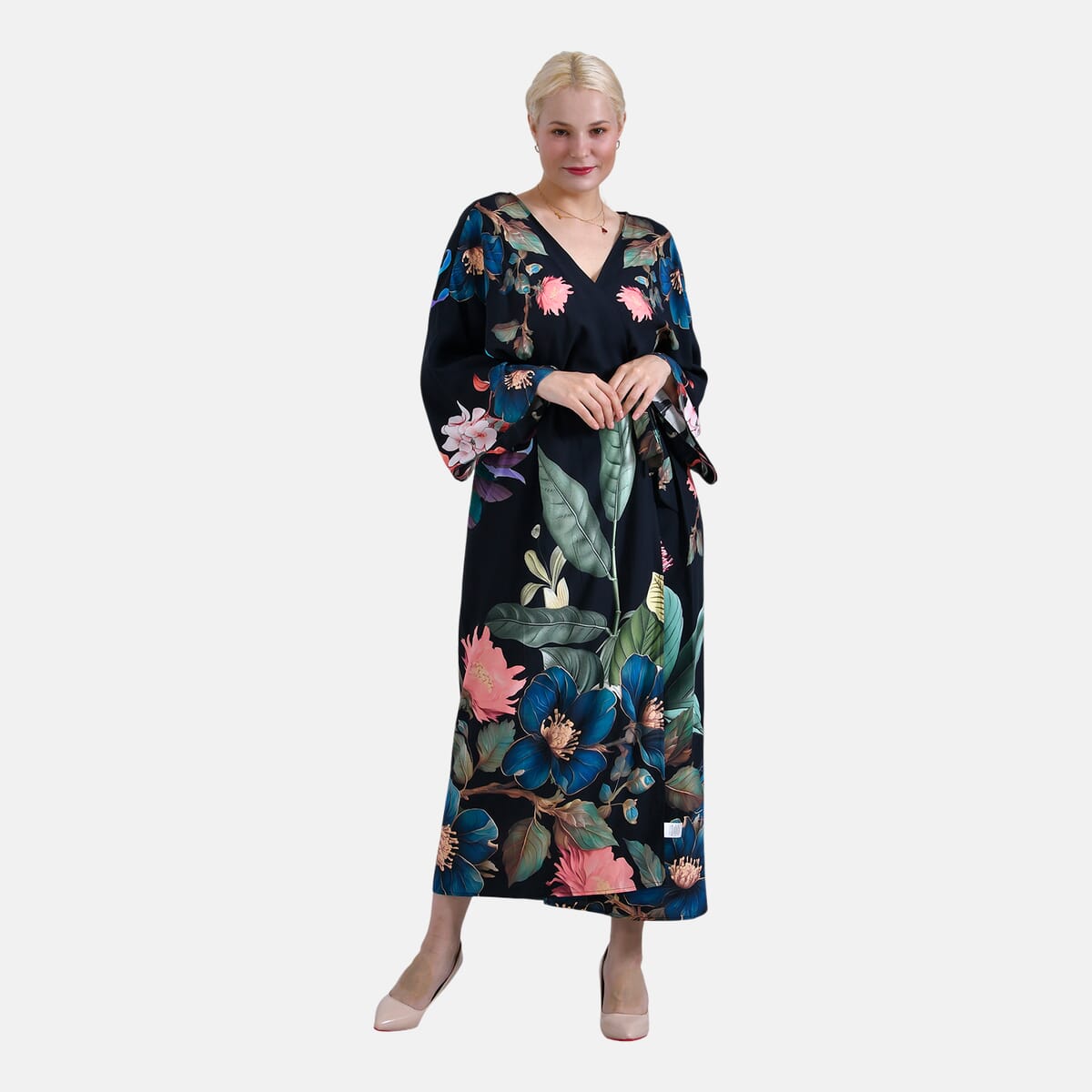 TLV Tamsy Black Peacock Placement Print Bird Kimono - One Size Fits Most image number 3
