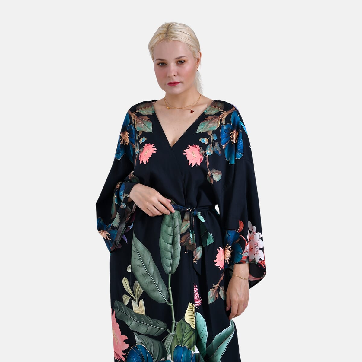TLV Tamsy Black Peacock Placement Print Bird Kimono - One Size Fits Most image number 4