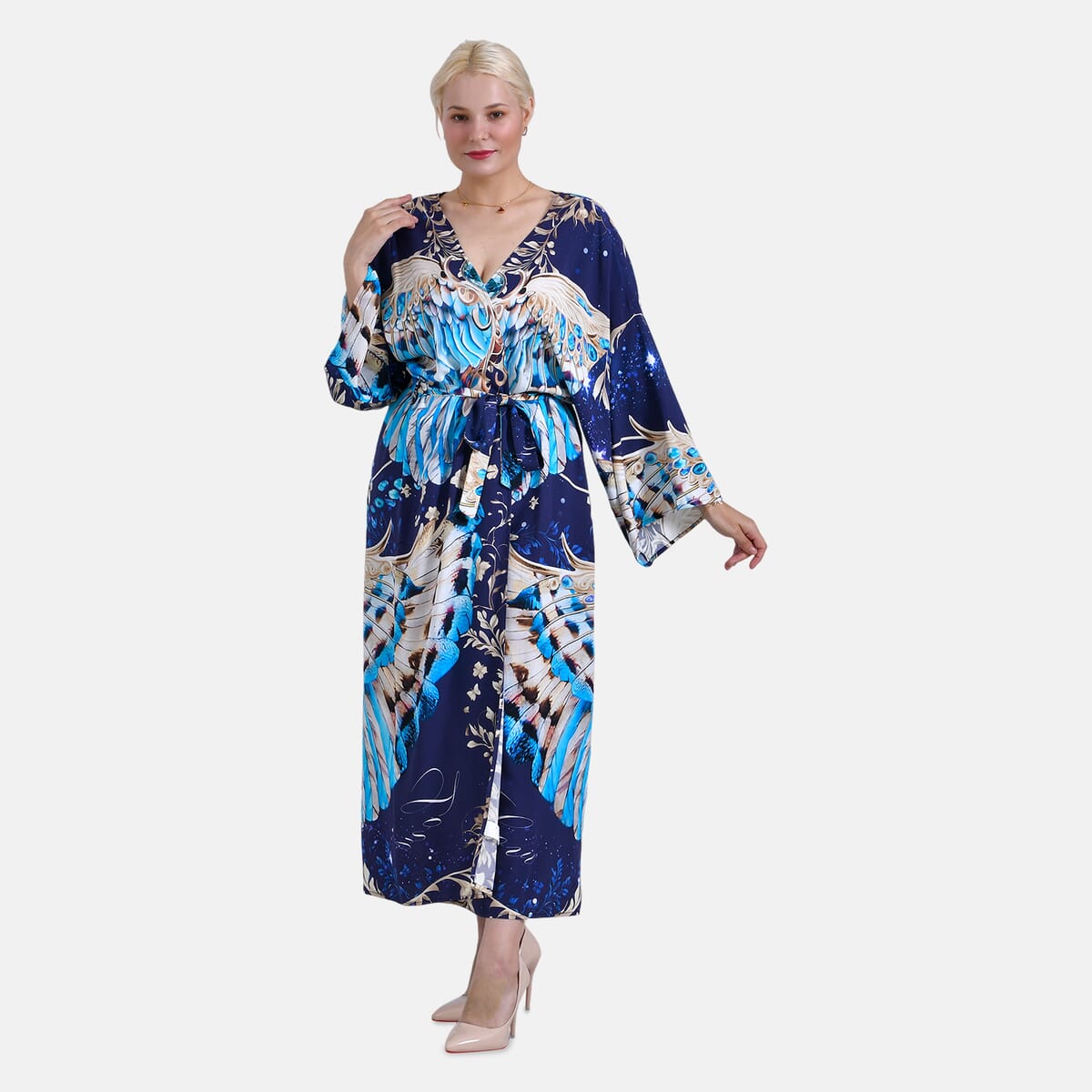 Tamsy Blue Owl Placement Print Bird Kimono - One Size Fits Most image number 3