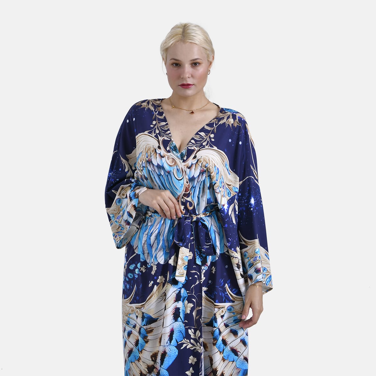 Tamsy Blue Owl Placement Print Bird Kimono - One Size Fits Most image number 4