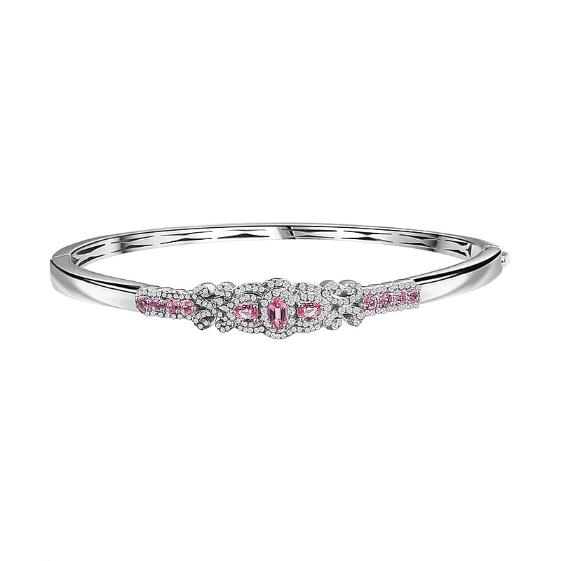 D'Joy Mahenge Spinel and White Zircon 1.90 ctw Art Deco Bangle Bracelet in Rhodium Over Sterling Silver (7.25 In)