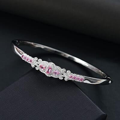 D'Joy Mahenge Spinel and White Zircon 1.90 ctw Art Deco Bangle Bracelet in Rhodium Over Sterling Silver (7.25 In)