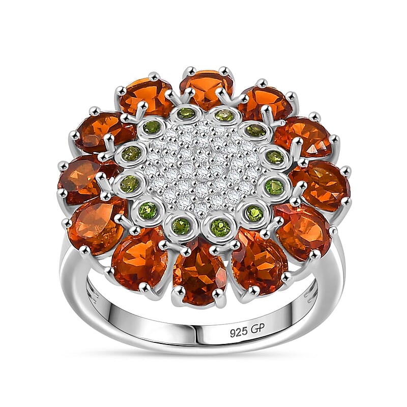 GP Italian Garden Collection Premium Santa Ana Madeira Citrine and Multi Gemstone 4.25 ctw Zinnia Flower Ring in Rhodium Over Sterling Silver (Size 10.0)