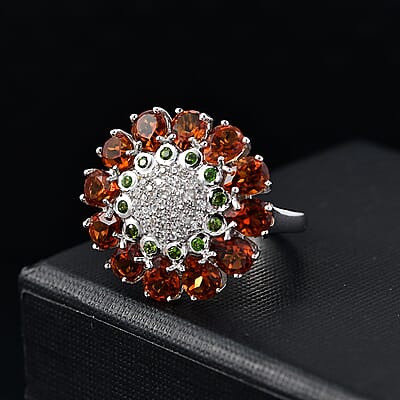 GP Italian Garden Collection Premium Santa Ana Madeira Citrine and Multi Gemstone 4.25 ctw Zinnia Flower Ring in Rhodium Over Sterling Silver (Size 10.0)