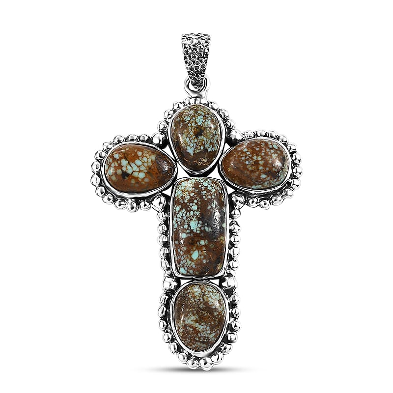 D'Joy Artisan Crafted Blue Horizon Turquoise 12.70 ctw Cross Pendant without Chain in Black Oxidized Sterling Silver