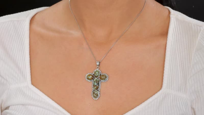 D'Joy Artisan Crafted Blue Horizon Turquoise 12.70 ctw Cross Pendant without Chain in Black Oxidized Sterling Silver