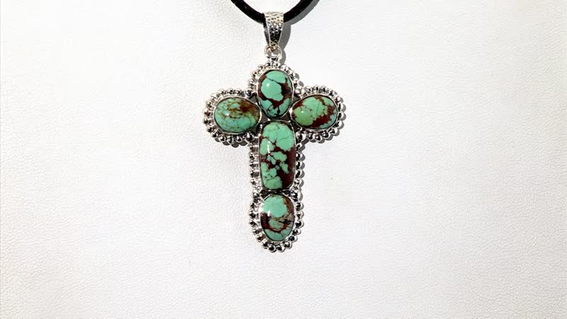 D'Joy Artisan Crafted Blue Horizon Turquoise 12.70 ctw Cross Pendant without Chain in Black Oxidized Sterling Silver