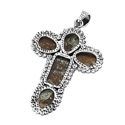 D'Joy Artisan Crafted Blue Horizon Turquoise 12.70 ctw Cross Pendant without Chain in Black Oxidized Sterling Silver
