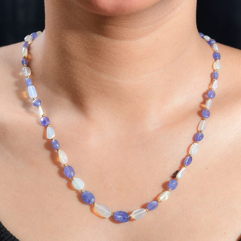 Tanzanite and Ethiopian Welo Opal 98.00 ctw Beaded Necklace in 18K Yellow Gold Over Sterling Silver 18-20 Inches