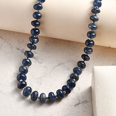 Blue Sapphire Beaded 123 ctw Necklace 18 Inches in Rhodium Sterling Over Silver
