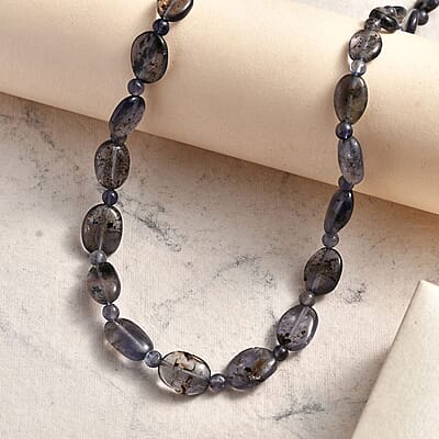 Catalina Iolite 80.00 ctw Beaded Necklace in Rhodium Over Sterling Silver 18 Inches