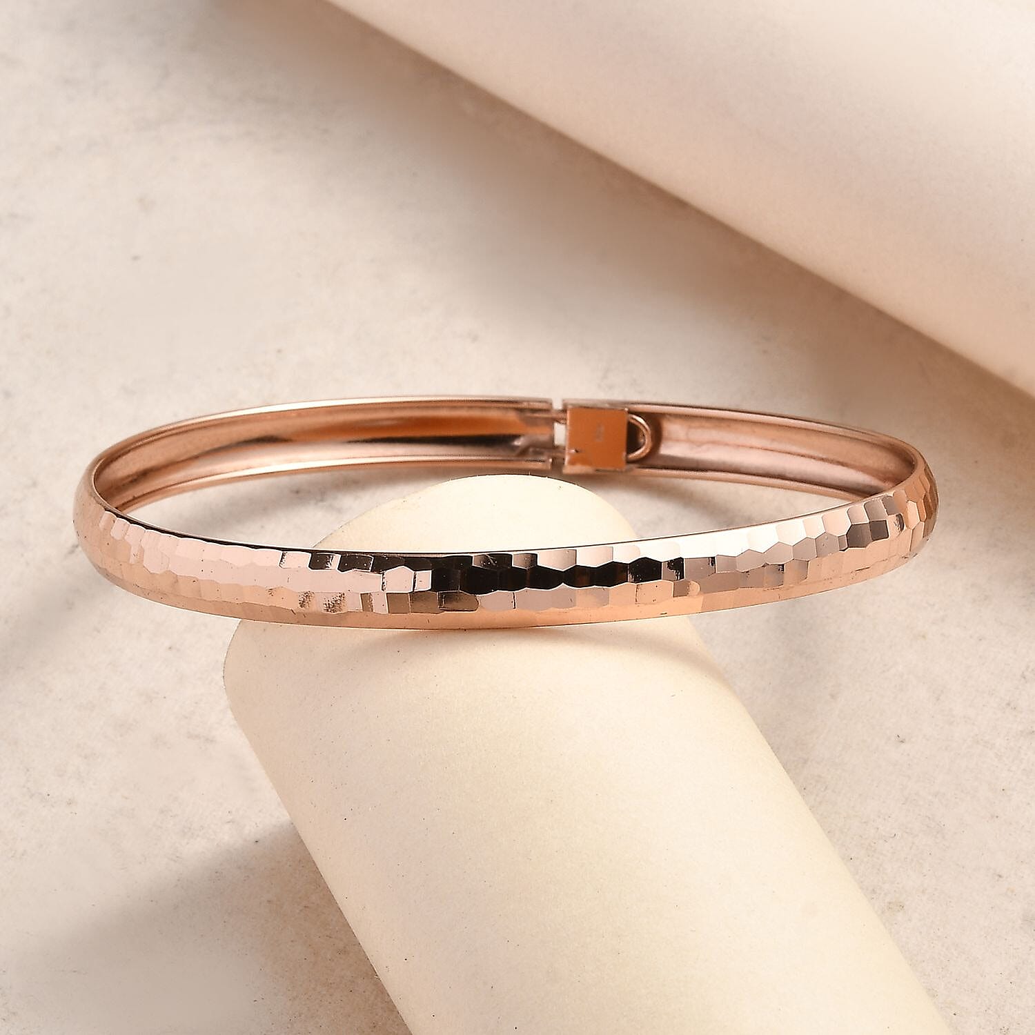 Hammered Textured Bangle Bracelet in 18K RG Over Sterling Silver (7.25 in) 4.60 Grams