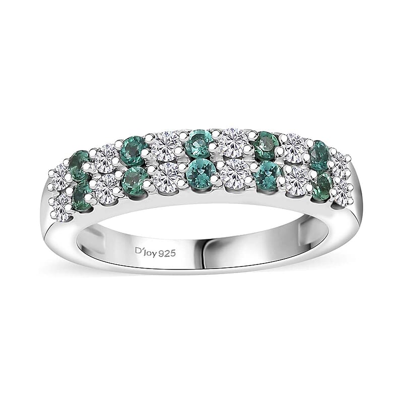 Premium Pirineu Lagoon Tourmaline and Moissanite 0.75 ctw Cascade Band Ring in Rhodium Over Sterling Silver (Size 6.0)