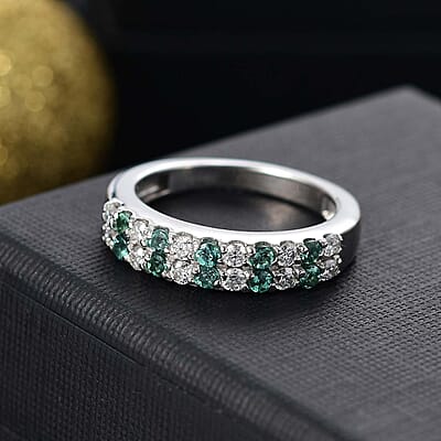 Premium Pirineu Lagoon Tourmaline and Moissanite 0.75 ctw Cascade Band Ring in Rhodium Over Sterling Silver (Size 6.0)