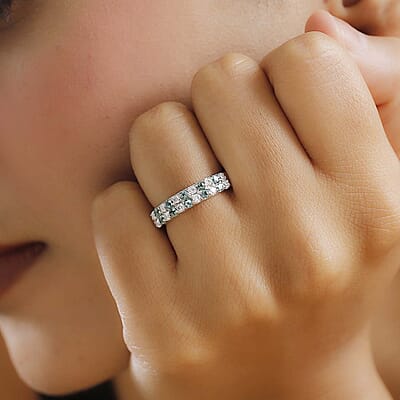 Premium Pirineu Lagoon Tourmaline and Moissanite 0.75 ctw Cascade Band Ring in Rhodium Over Sterling Silver (Size 6.0)