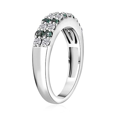 Premium Pirineu Lagoon Tourmaline and Moissanite 0.75 ctw Cascade Band Ring in Rhodium Over Sterling Silver (Size 6.0)