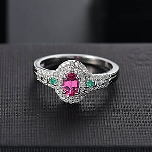 Luxoro AAA Mahenge Spinel, Boyaca Colombian Emerald and G-H I2 Diamond 1.00 ctw Radiant Rose Ring in 10K White Gold (Size 10.5)